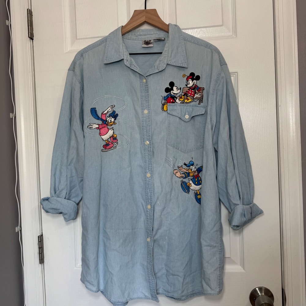 VTG Disney Catalog Denim Shirt Womens XL Mickey Minnie Donald embroidered